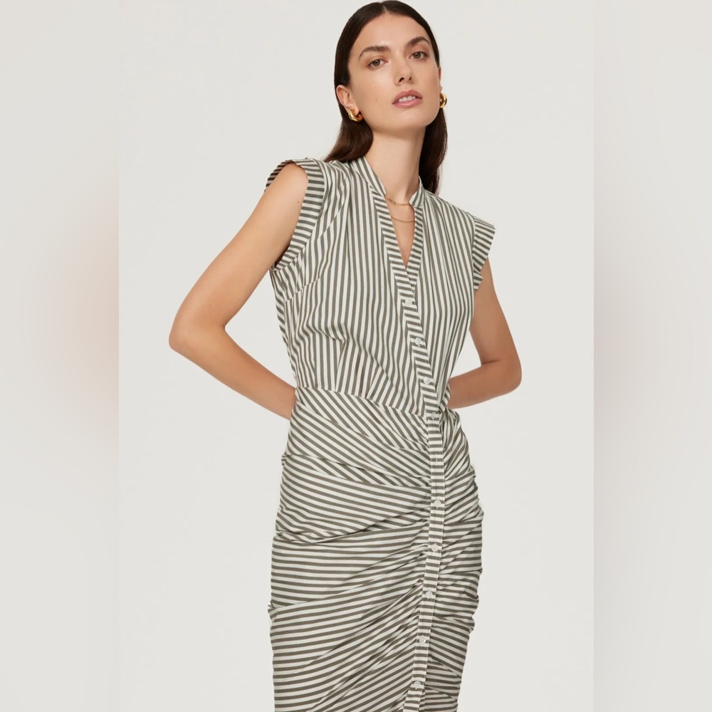 NWT ⭐️ VERONICA BEARD Ruched Striped Shirt Dress – Size 6 – Army Green/White - Picture 2 of 7